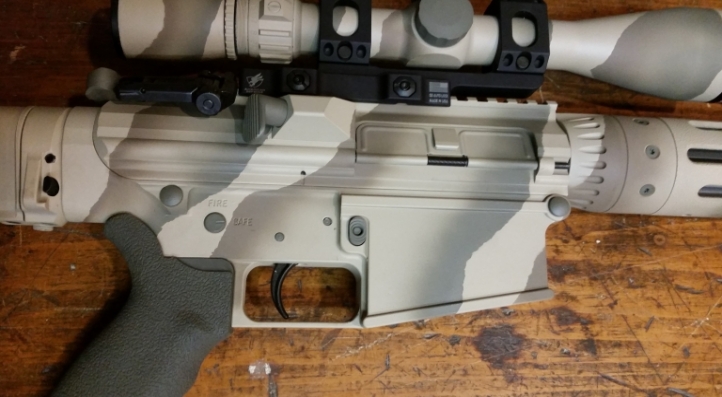 Detail of AR308 with Fade Camo.  Light Sand base, Magpul FDE and Foliage.  Accents are Magpul Foliage